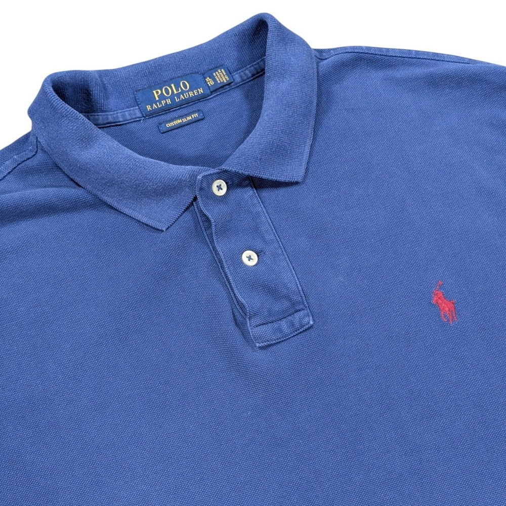 Polo Ralph Lauren Polo Shirt Mens XL Blue Solid Custom Slim Fit Red Pony‎